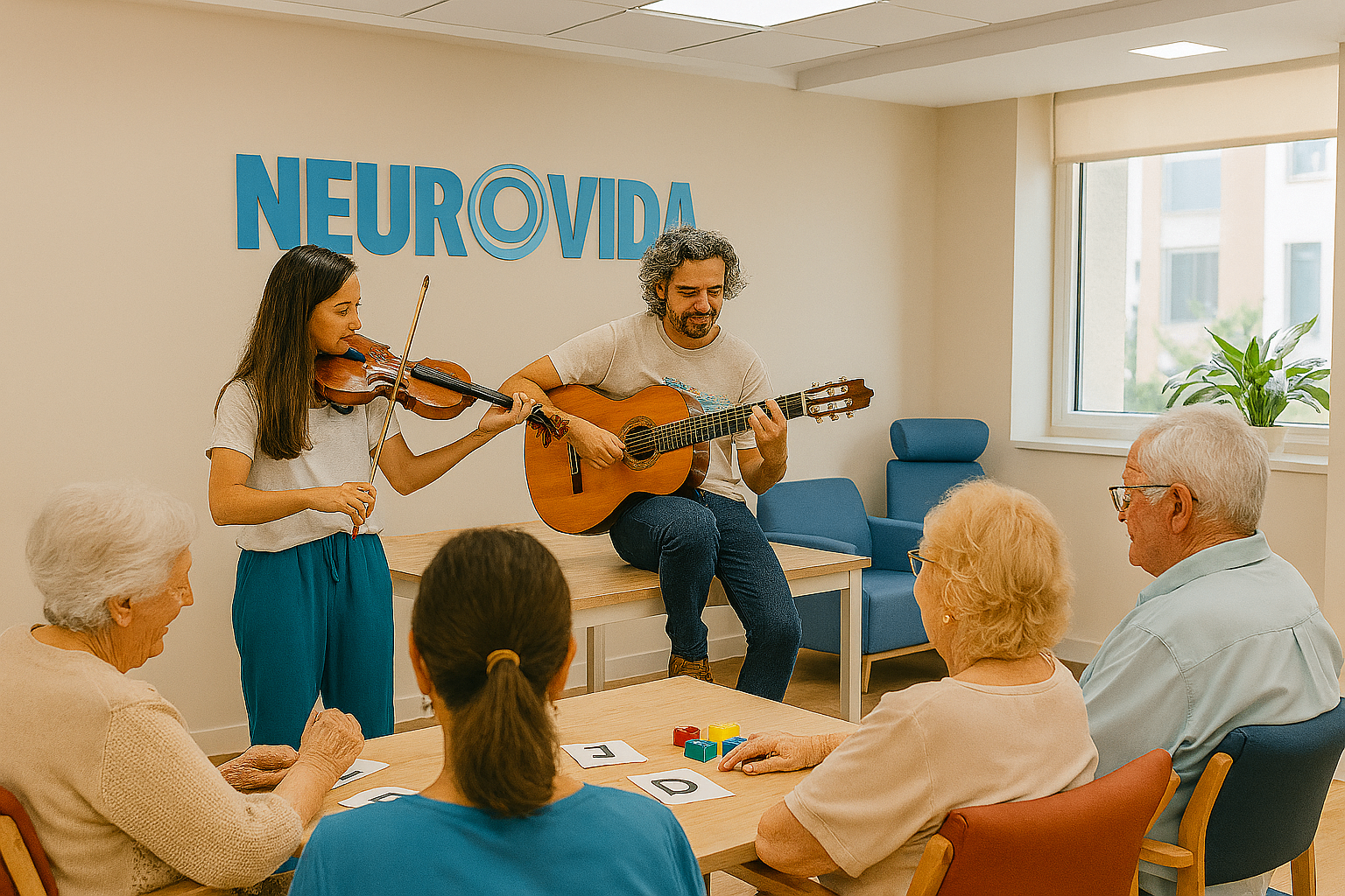 Sesión grupal de musicoterapia con personas mayores participando activamente